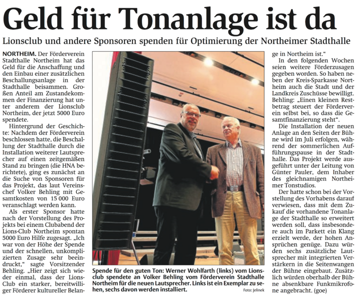 Geld für Tonanlage ist da